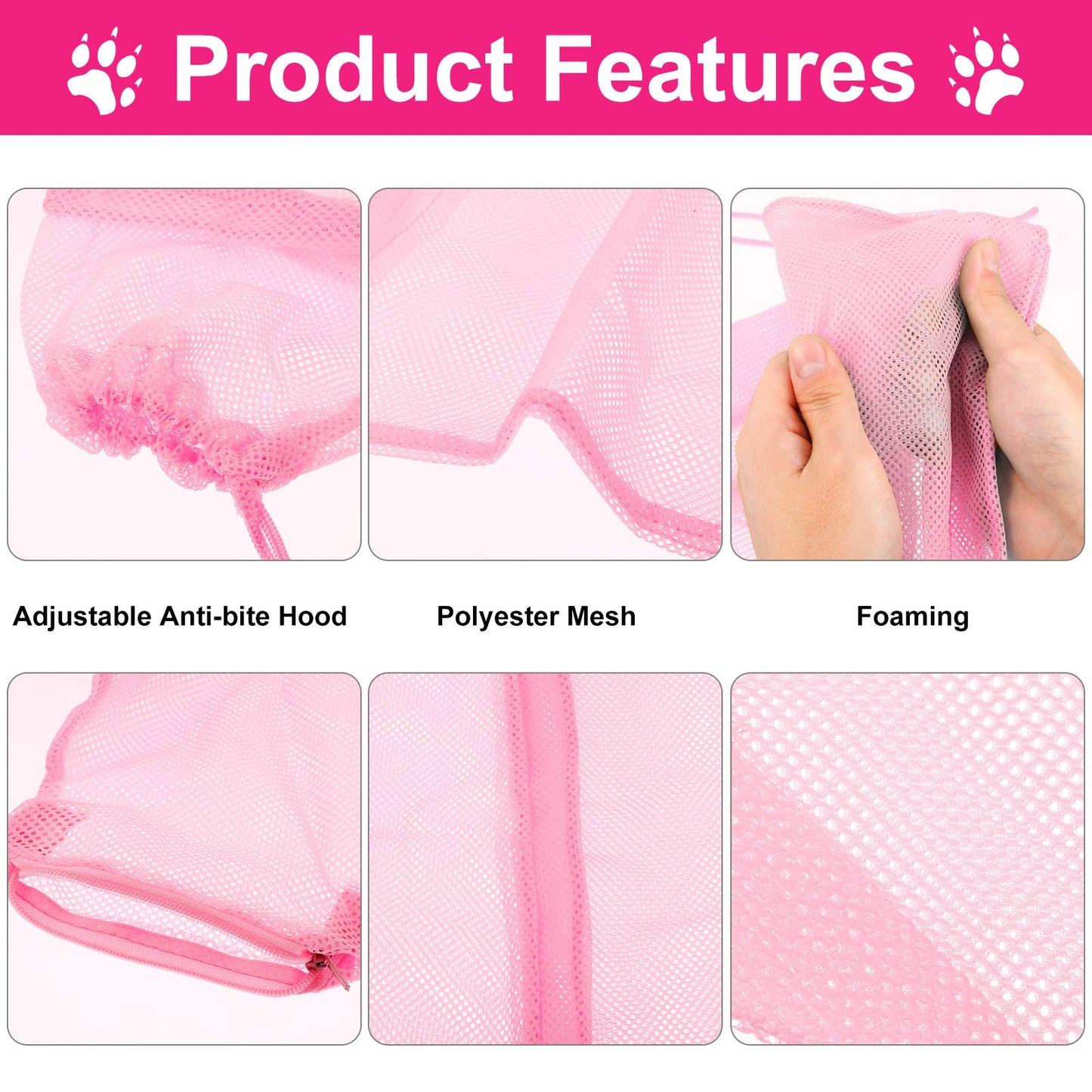 Patelai 5 Pcs Cat Bathing Bag Set Cat Grooming Bag Adjustable Pet Shower Net Muzzles Nail Clipper Tick Remover Tool Massage Brush(Pink)
