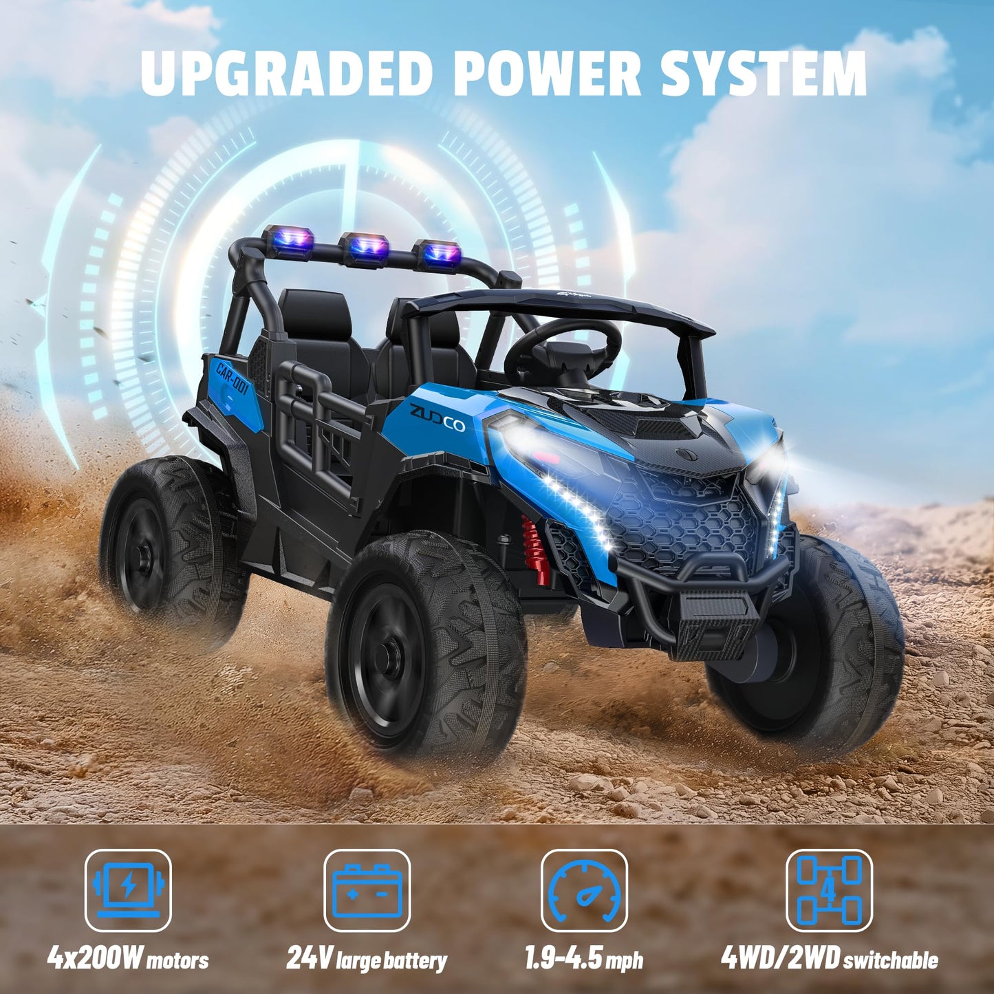 ARBELI 24V 2 Seater Ride on Car Truck 4x200W, EVA Tires, 4WD/2WD, Rainbow Lights, Remote Control, Shock Absorbers, Bluetooth, Ride on Toy for Big Kids Ages 3-8, Blue