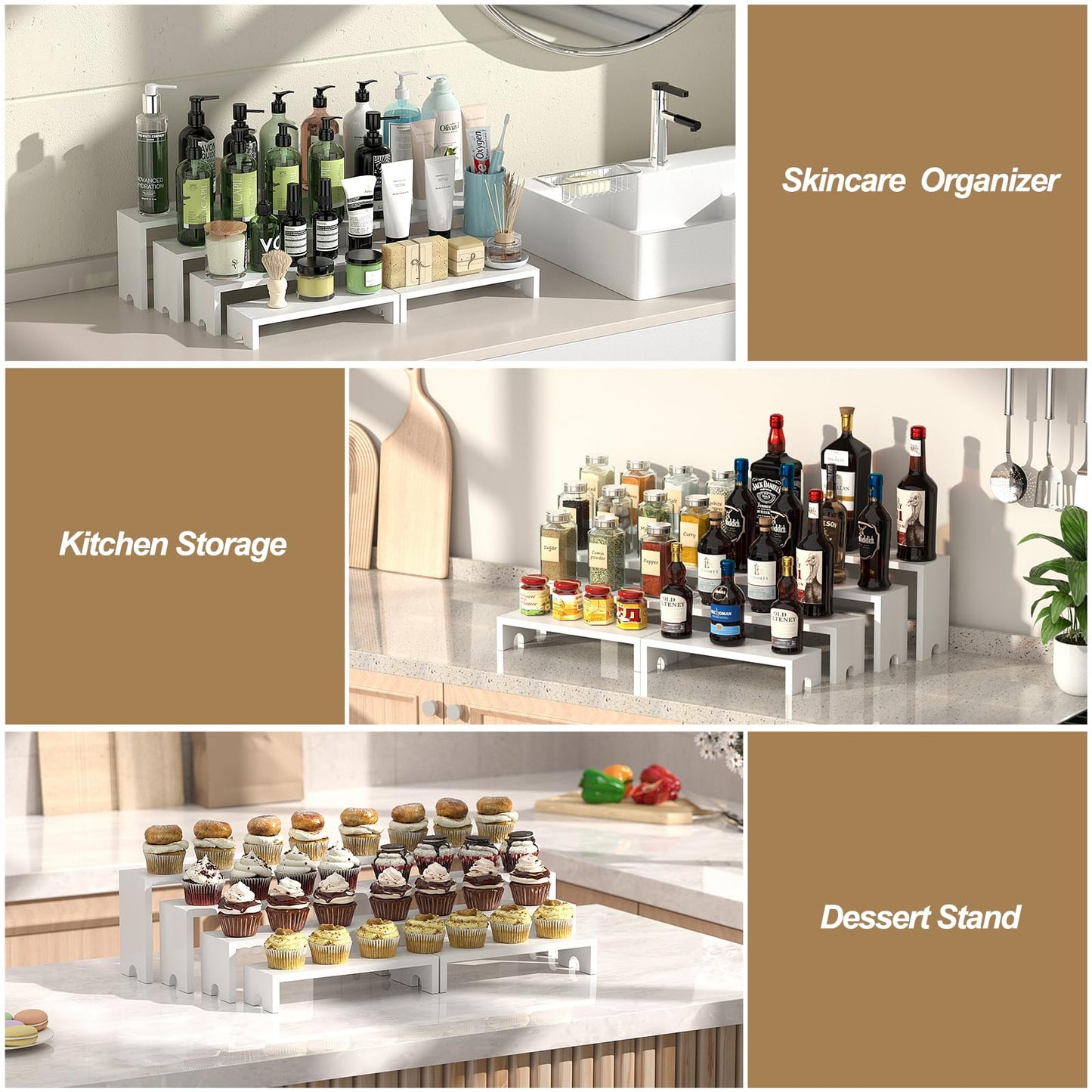 2 Set Large White Wooden Tiered Riser Display Stands for Vendor Events,Stackable Wooden Cupcake Stand,Farmhouse Decor Wood Dessert Table Display Set,Vendor Booth Display Items,Food Display Risers for Party（12-11.2-10.4-9.6IN）