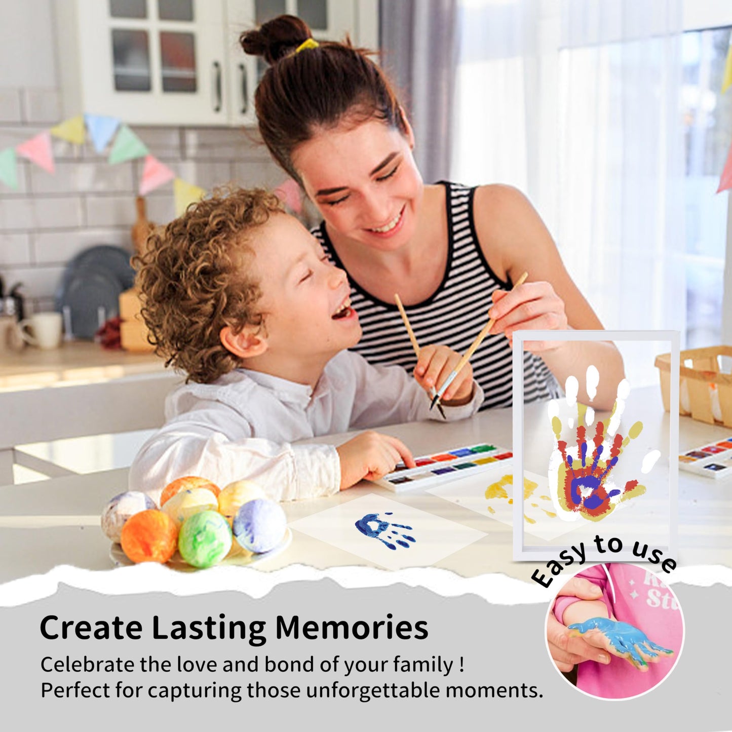 CHERRY CHEERS Family Handprint Kit, DIY Craft Keepsake Wooden Frame, Endless Gift Set, Non-Toxic Paints, Transparent Sheets (White)