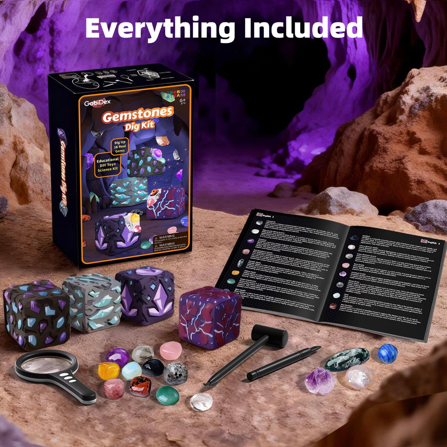 GobiDex Gemstones Dig Kit for Kids, Excavate 16 Real Gemstones, STEM Science Toy, Archaeology & Geology Science Gift for Boys and Girls Age 6+