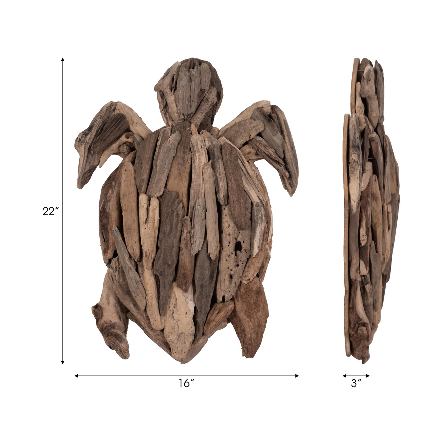 Wooden Driftwood Turtle Sculpture – Relaxed Coastal Room Decor Accent, Living Room or Patio Wall Display, Organic Texture and Artful Home Decor Silhouette – 16"x 22"x 3", Brown