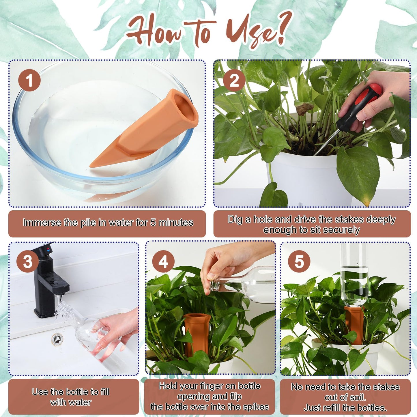 SiliFine 6 Sets Plant Watering Devices Include Terracotta Self Watering Spikes and 26 oz Plastic Bottles, Slow Release Vacation Insert Automatic Plant Waterer Device (Green Clear Brown and Terracotta)