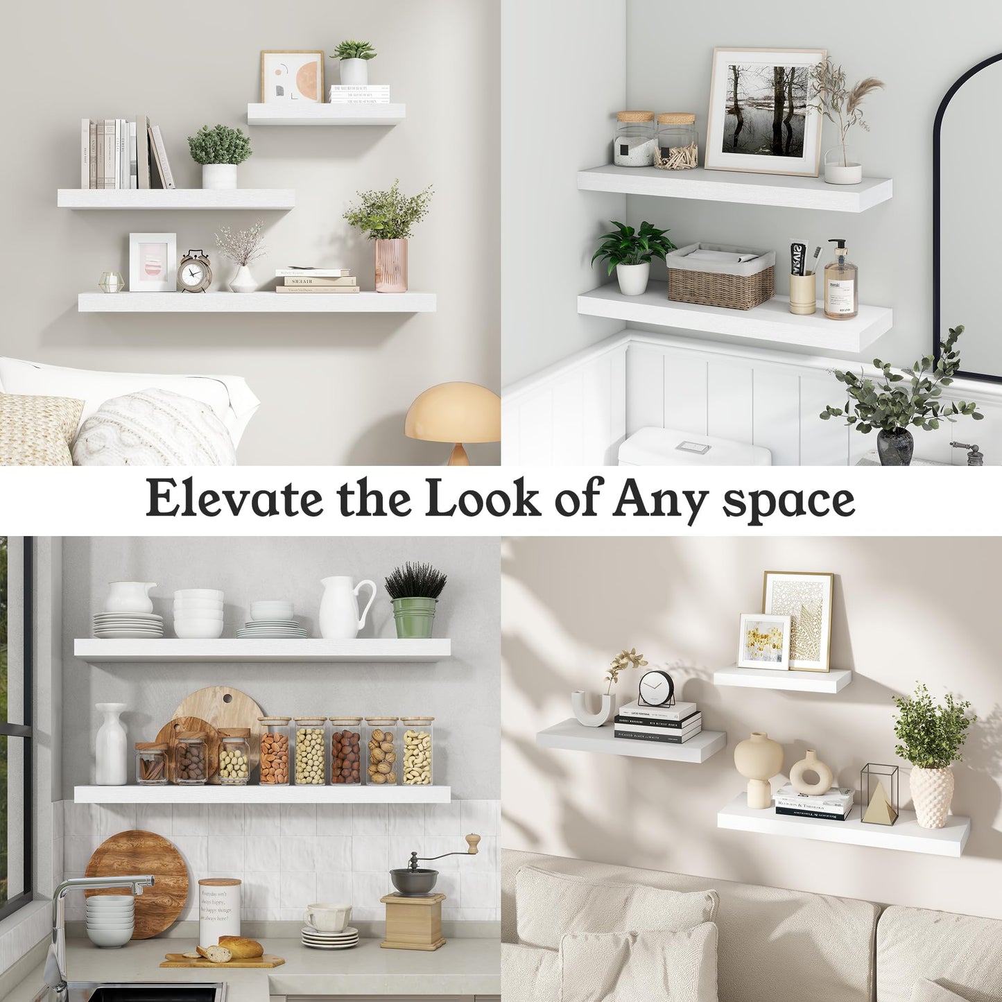 Ornawit White Floating Shelves for Wall, 9.3" Deep Wall Mounted Wood Shelves for Bathroom, Bedroom, Living Room, Kitchen, Hanging Shelf for Books/Storage/Room Decor (White, 24")