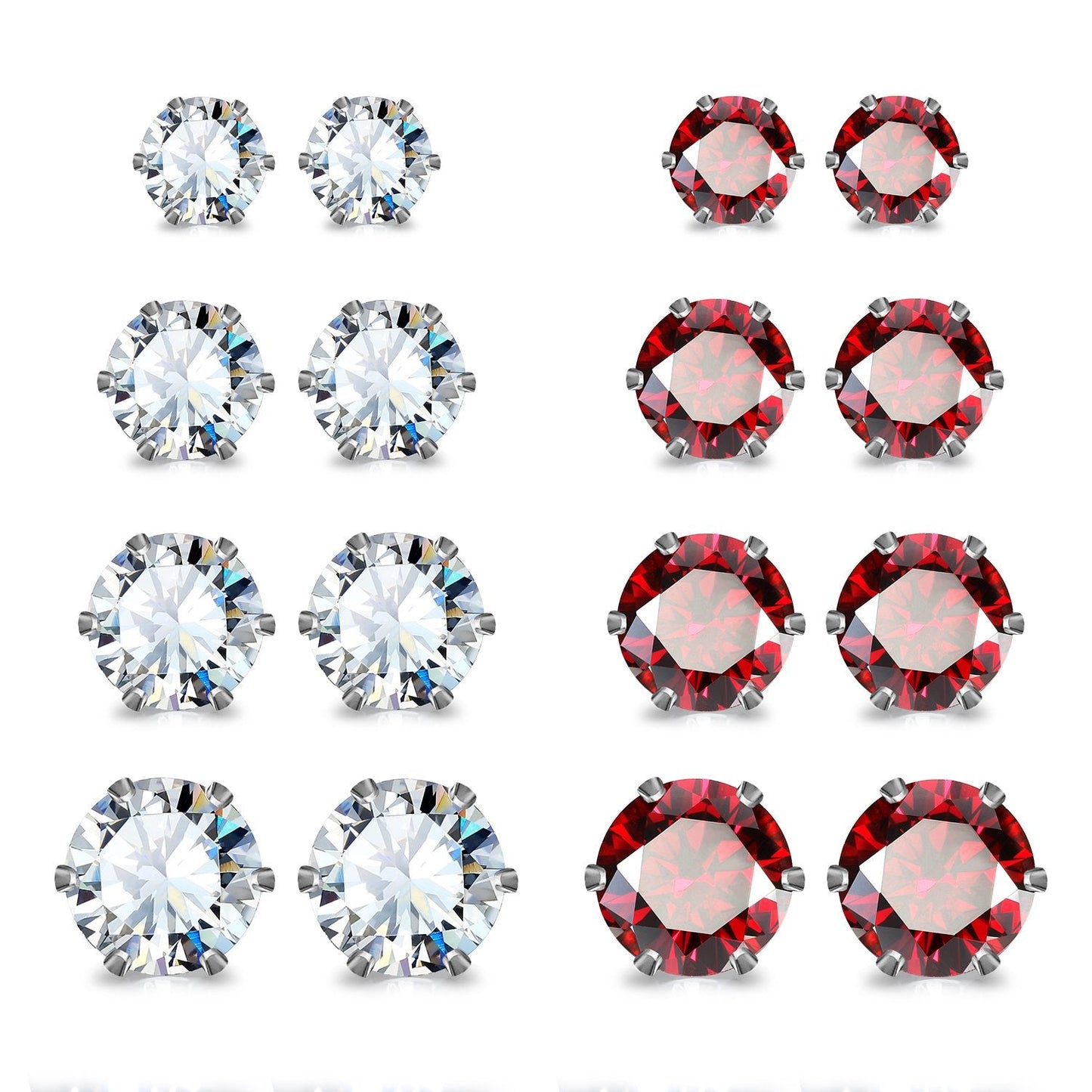 JewelrieShop Earrings for Women Studs Set Stainless Steel CZ Earing Hypoallergenic Multiple Piercing Ear Stud (8 pairs,4-8mm,White,Red CZ)