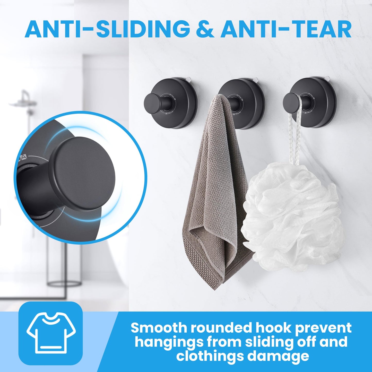 JOMOLA 2PCS Stainless Steel Suction Cup Hook Bathroom Towel Holder Utility Shower Hooks Hanger for Towel Storage Kitchen Utensil Vacuum Suction Cup Hooks, Matte Black