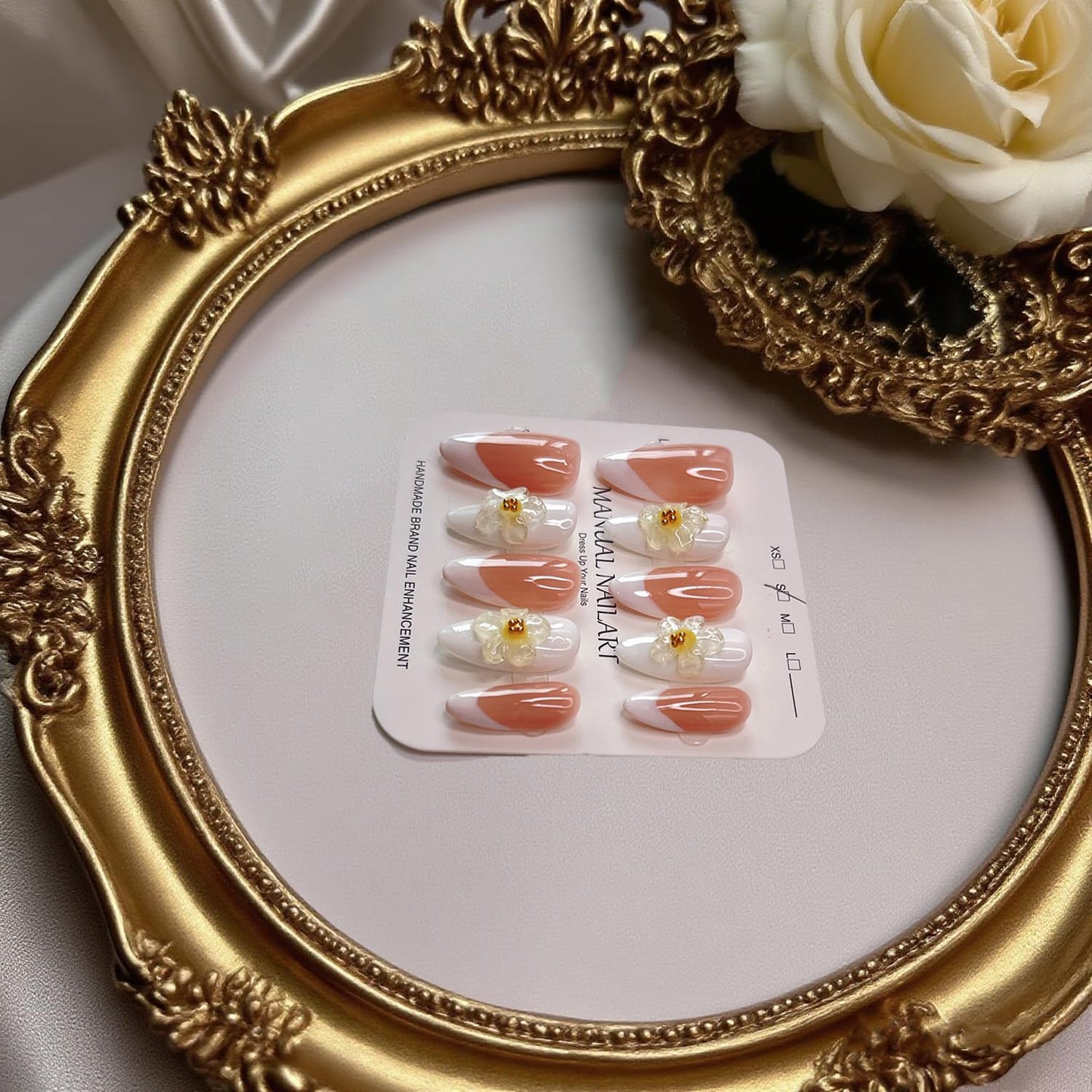 Handmade Press on Nails Medium Almond Fake Nails Press Ons White 3D Luxury Elegant Flower Full Cover Stick on Nails Glue on Nails for Women Girls Manicure (Clear White M)