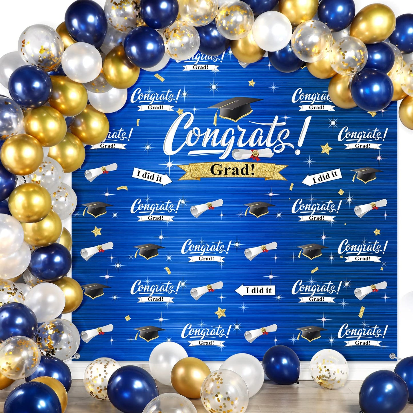 Graduation Party Decorations Including Congrats Grad Photography Backdrop Banner Balloons Garland Arch Kit for Adults Kids Grad Party Decoration Supplies (Navy Blue and Gold)