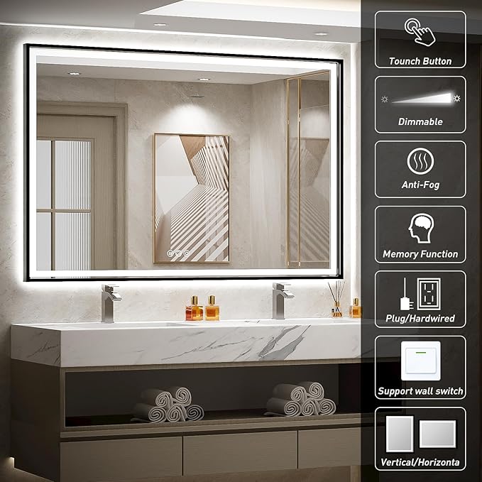 60x40 Inch LED Bathroom Mirror with Lights, Frontlit & Backlit Black Metal Frame Mirror,Double Lights Strips,Anti Fog Dimmable & 3 Colors Temperature