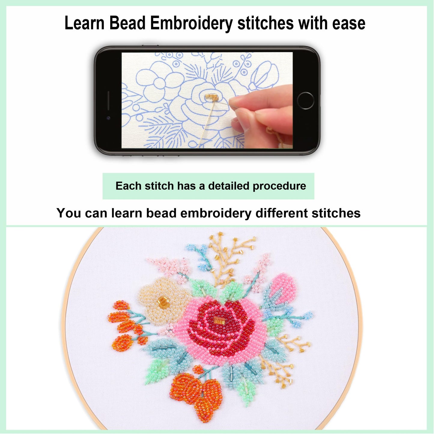 Myfelicity Bead Embroidery kit with Floral Patterns, Colorful Thread Sets, and Instructions, Suitable for Beginners and Adults, Box Packaging