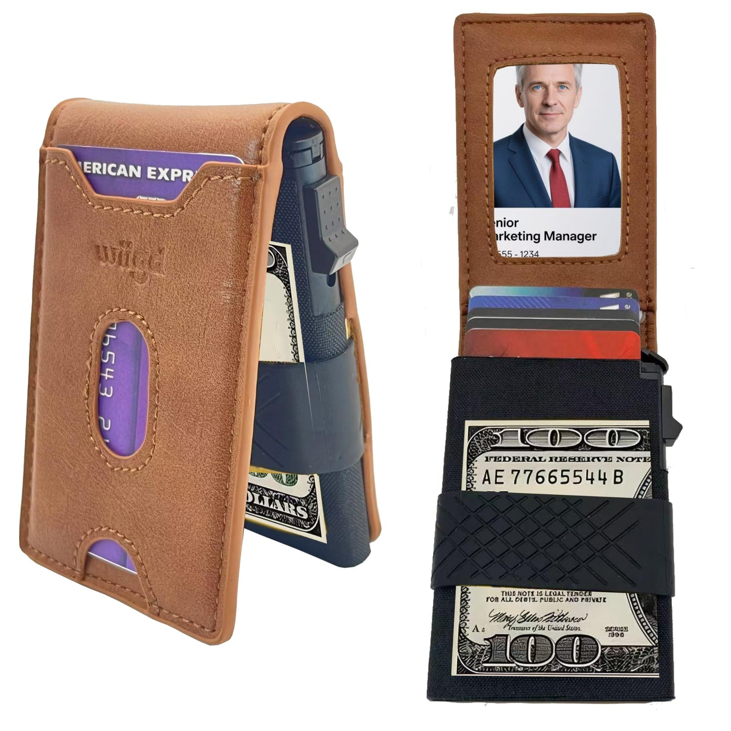 wiigd Men's Slim Bifold Wallet with Pop-Up Card Holder – RFID Blocking, Minimalist Aluminum Case, ID Window, Coin Pocket,Front Pocket Wallet with Gift Box(Brown)