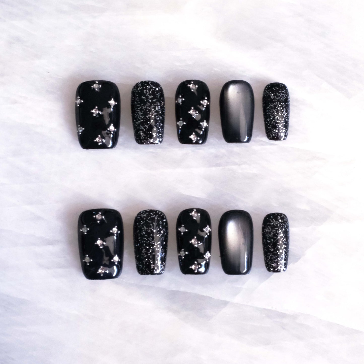 BlackStar - Handmade Press on Nails, Black Starry Sky with Cat Eye, Rhinestone Bling, Medium Ballerina Shape, 10 Pieces (Medium Size, MB)