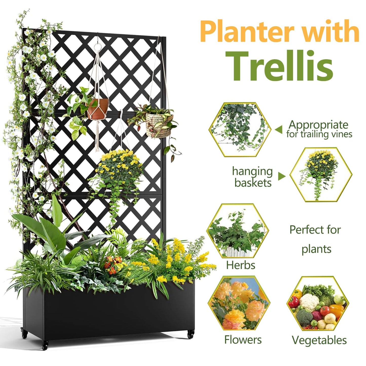 EcoSummer Metal Planter Box, with Diamond Lattice Trellis, 72"x35", Galvanized Raised Garden Bed on Wheels for Climbing Plants, Black