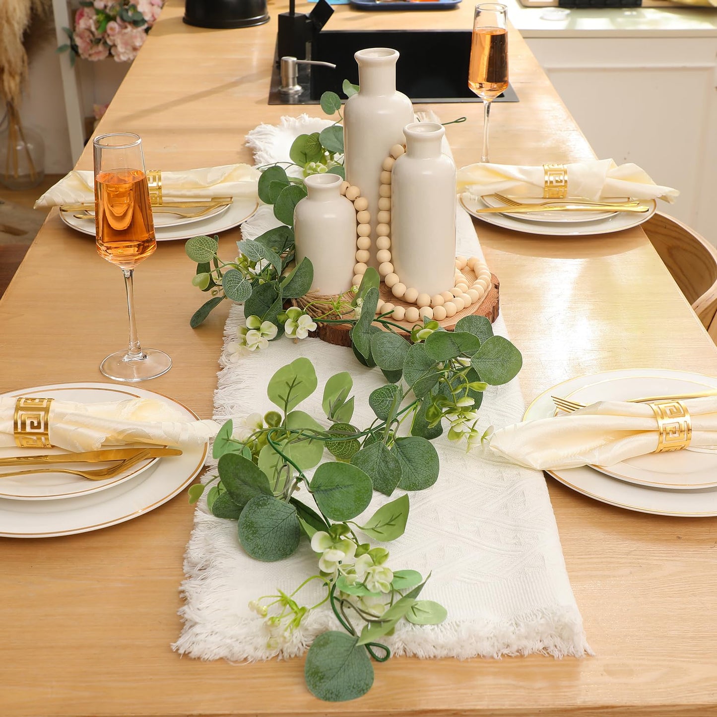 Geelin 6 Pcs Boho Rustic Table Centerpieces, 3 Modern Ceramic Vases, Wooden Slice Tray, Farmhouse Wood Beads Garland with Tassel, Artificial Vines for Dining Home Coffee Table Decor(White)