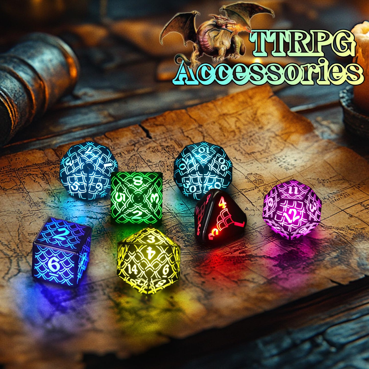 LED DND Dice Set Rechargeable, Cool Light up Dice Wireless Charging for Dungeons and Dragons, ZHOORQI Polyhedral Dice Role Playing Gifts(RGB-Dragon Scale)