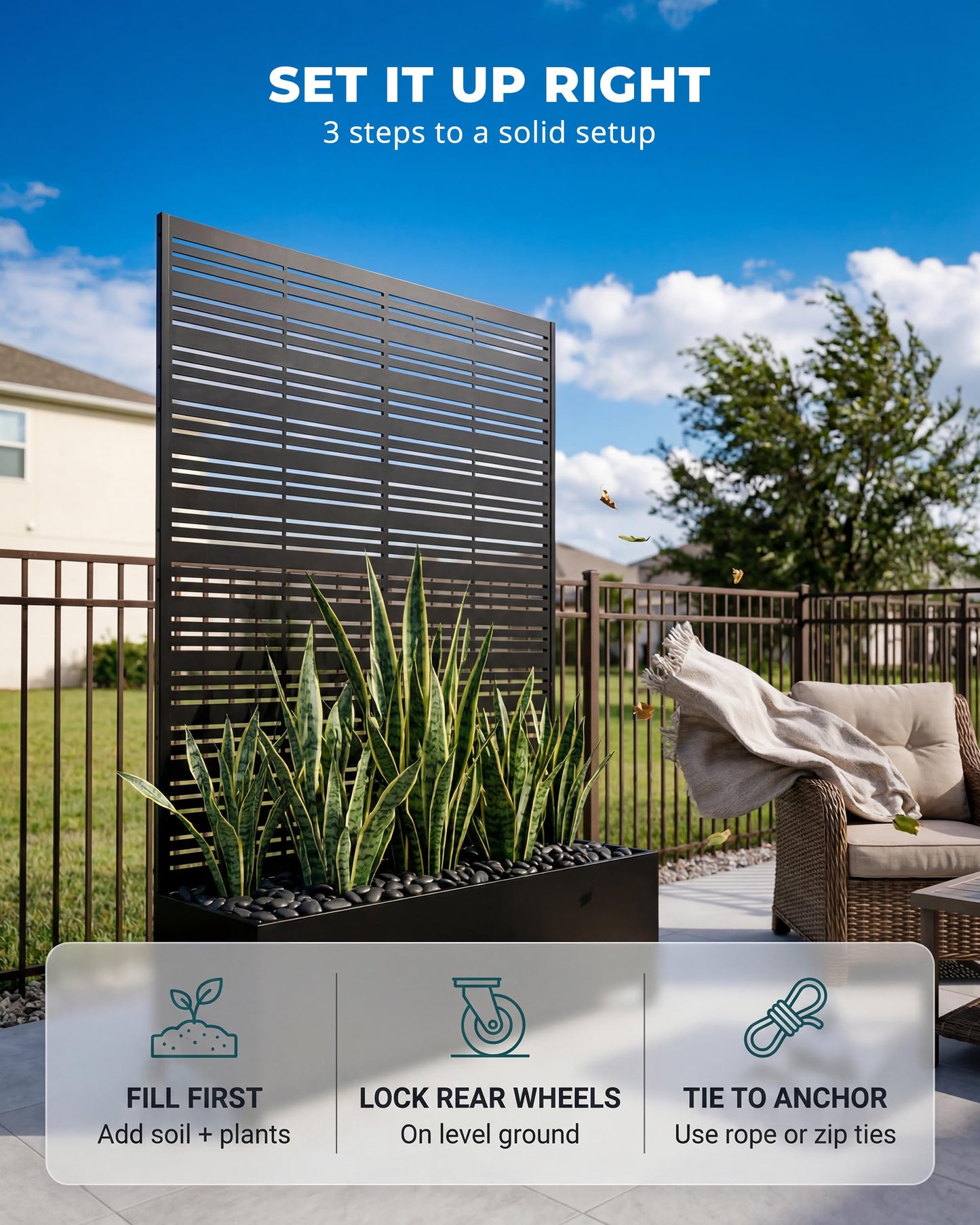 TinFrey Metal Raised Garden Bed with Trellis, 73"×47"×16" Privacy Screen Planter Box on Wheels — 61 lbs Won't Blow Over, Rust-Proof Louvered Design for Climbing Plants, Patio, Deck, Balcony - Black