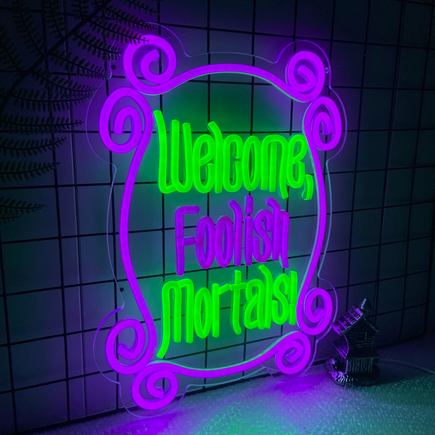 Welcome Foolish Mortals Neon Sign, Haunted Mansion Decor, Halloween Neon Signs for Wall Decor, Dimmable LED Spooky Gothic Coffin Neon Signs, Haunted Mansion Neon Sign for Halloween Party Man Cave