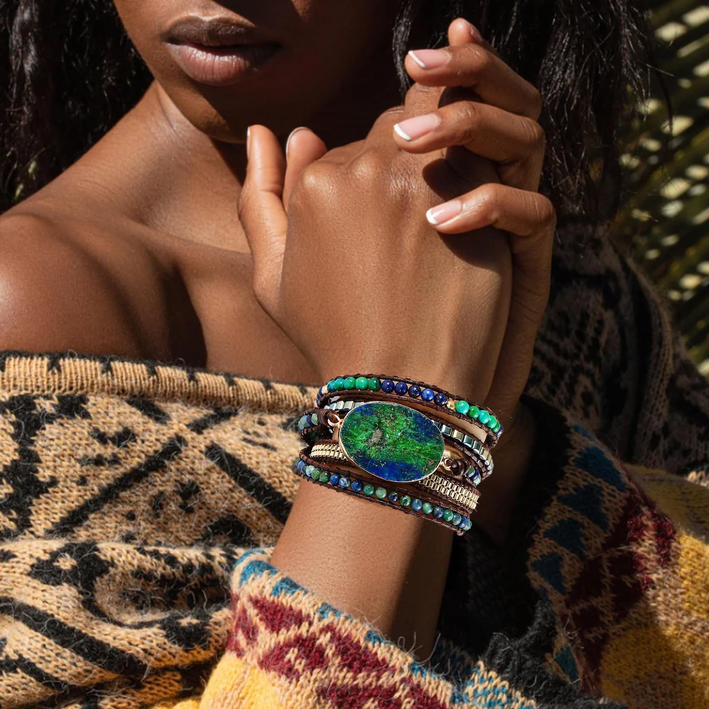 Plumiss Boho Leather 5 Wrap Natural Stone Chrysocolla Bracelet Handmade Gemstone Beaded Bracelet Jewelry Collection