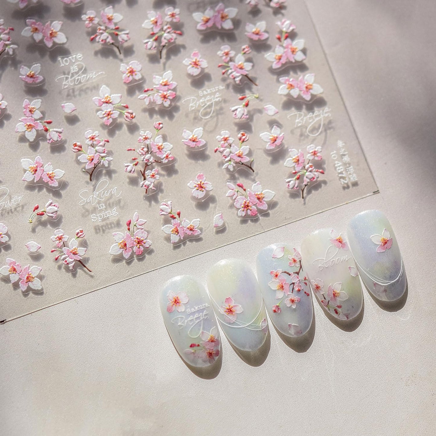 Pink Flower Nail Stickers for Nail Art 5D Embossed Nail Decals Cherry Blossoms Nails Art Stickers Summer Nails Supplies White Floral Nails Art Decoration
