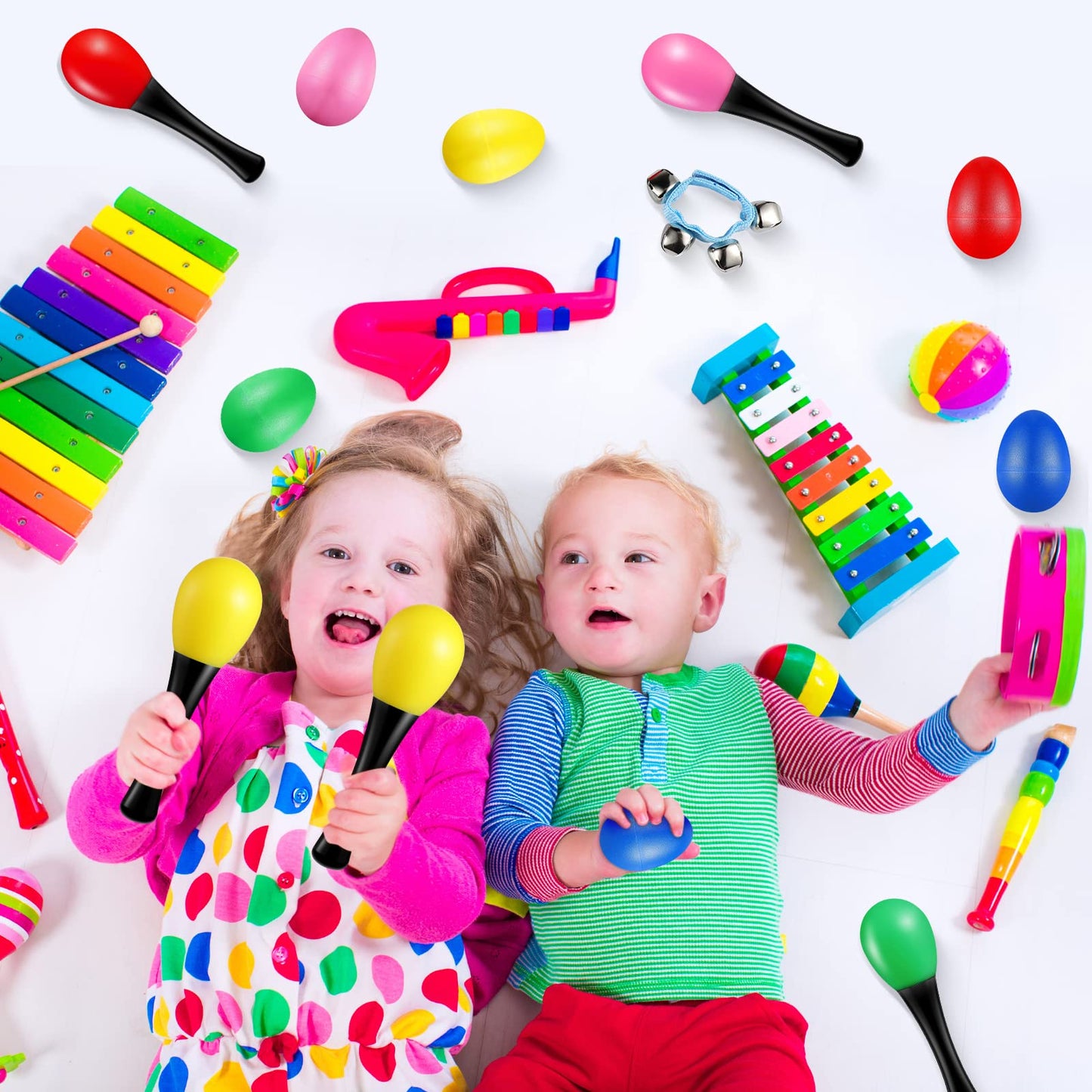60 Pcs Shaker Musical Instruments Kids Party Favor Baby Learning Percussion Toy, Including 20 Wrist Hand Band Jingle Bells, 20 Egg Shakers and 20 Maracas Rattle Shaker Sand Hammers