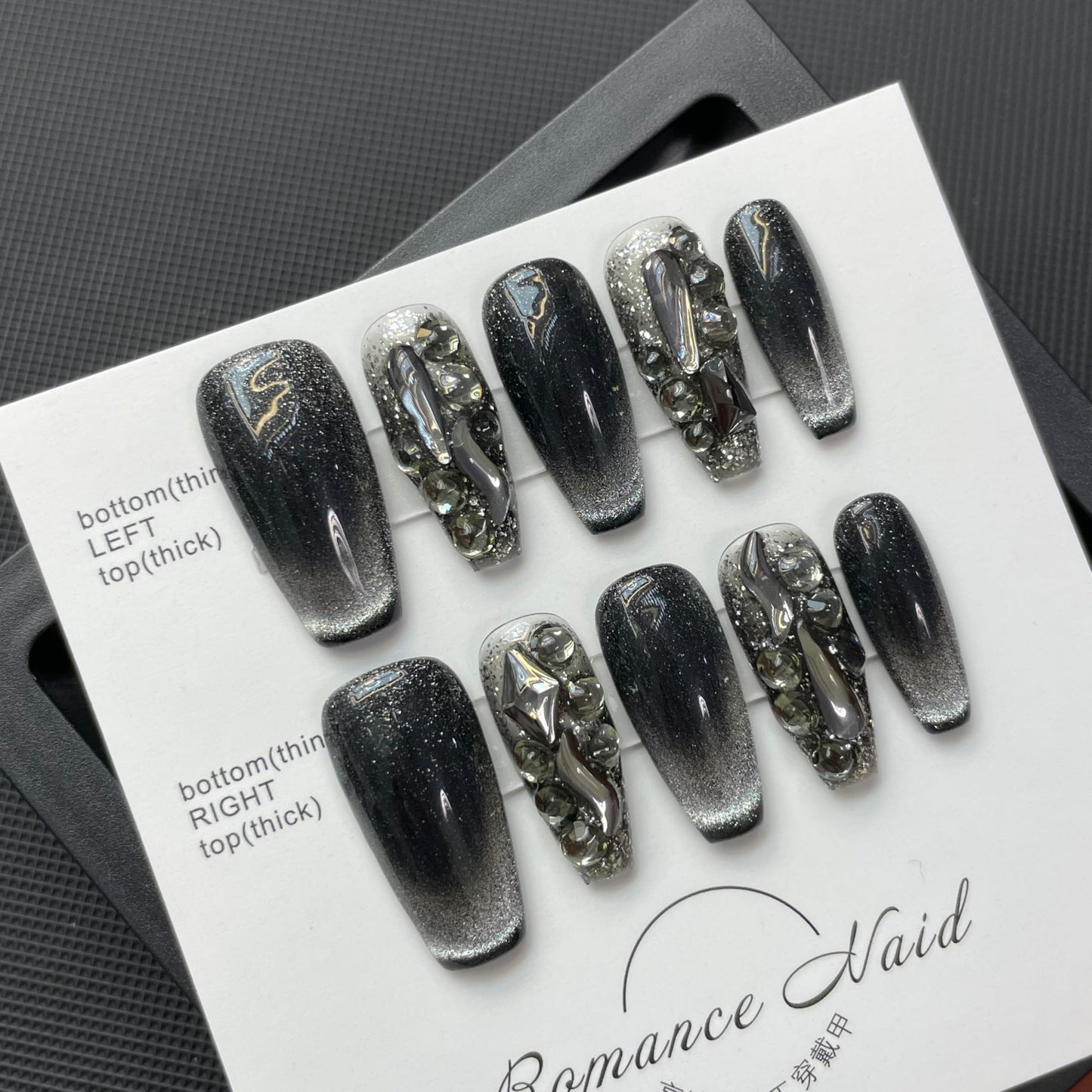 Handmade Press on Nails Square Black and White Cat’s Eye Decoration with a Starry Sky Pattern and Gemstones Acrylic Nails Press on Handmade Nails Luxury Press on Nails(M)