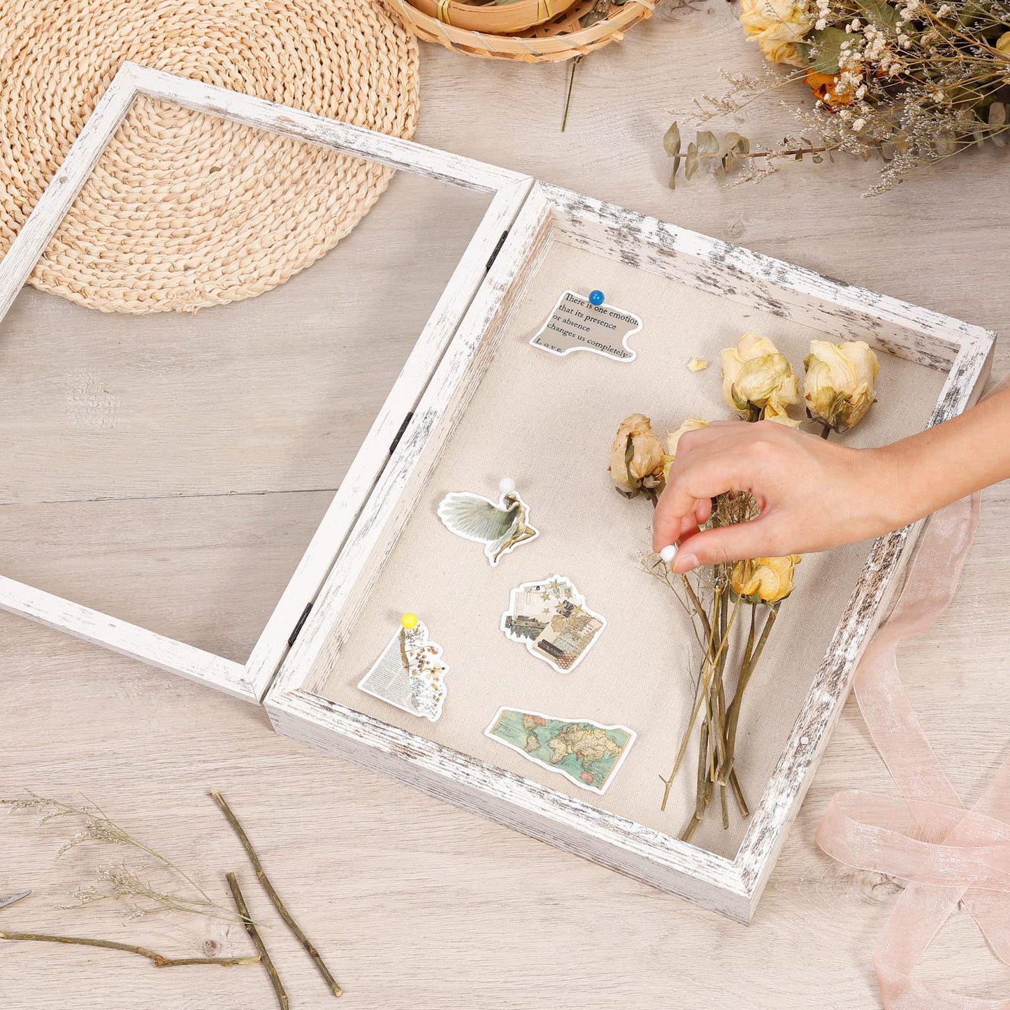 Califortree 11x14 Shadow Box Frame with Linen Back - Sturdy Rustic Memory Display Case of Flower, Pictures, Medals and More, Distressed White