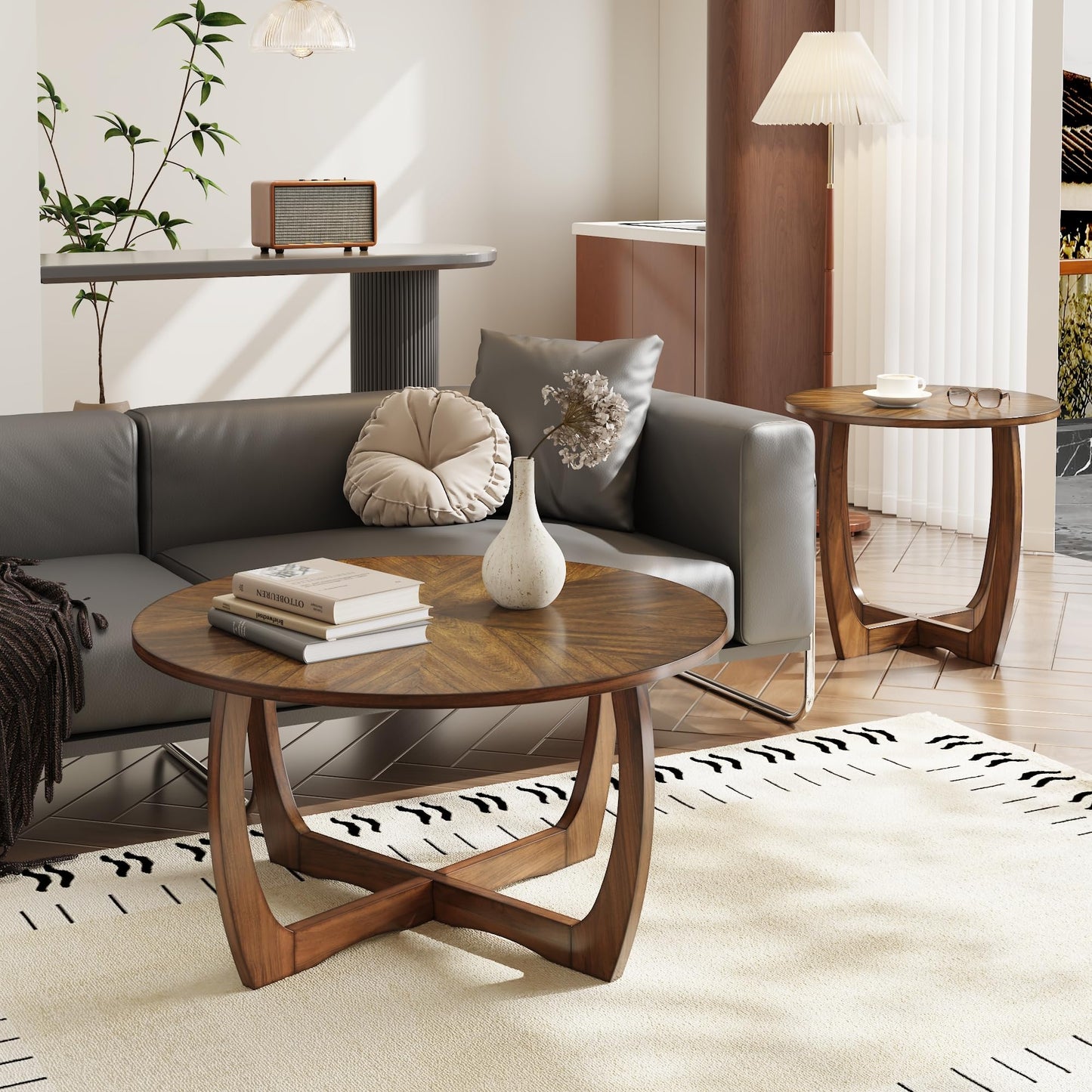 LEEMTORIG Mid Century Modern Round End Side Table Living Room, Walnut End Table Solid Wood Side Table, 23.6" Dia. Large Drum End Table Circle Nightstand Bedroom, Easy Assembly, Brown Walnut CJZ-3223