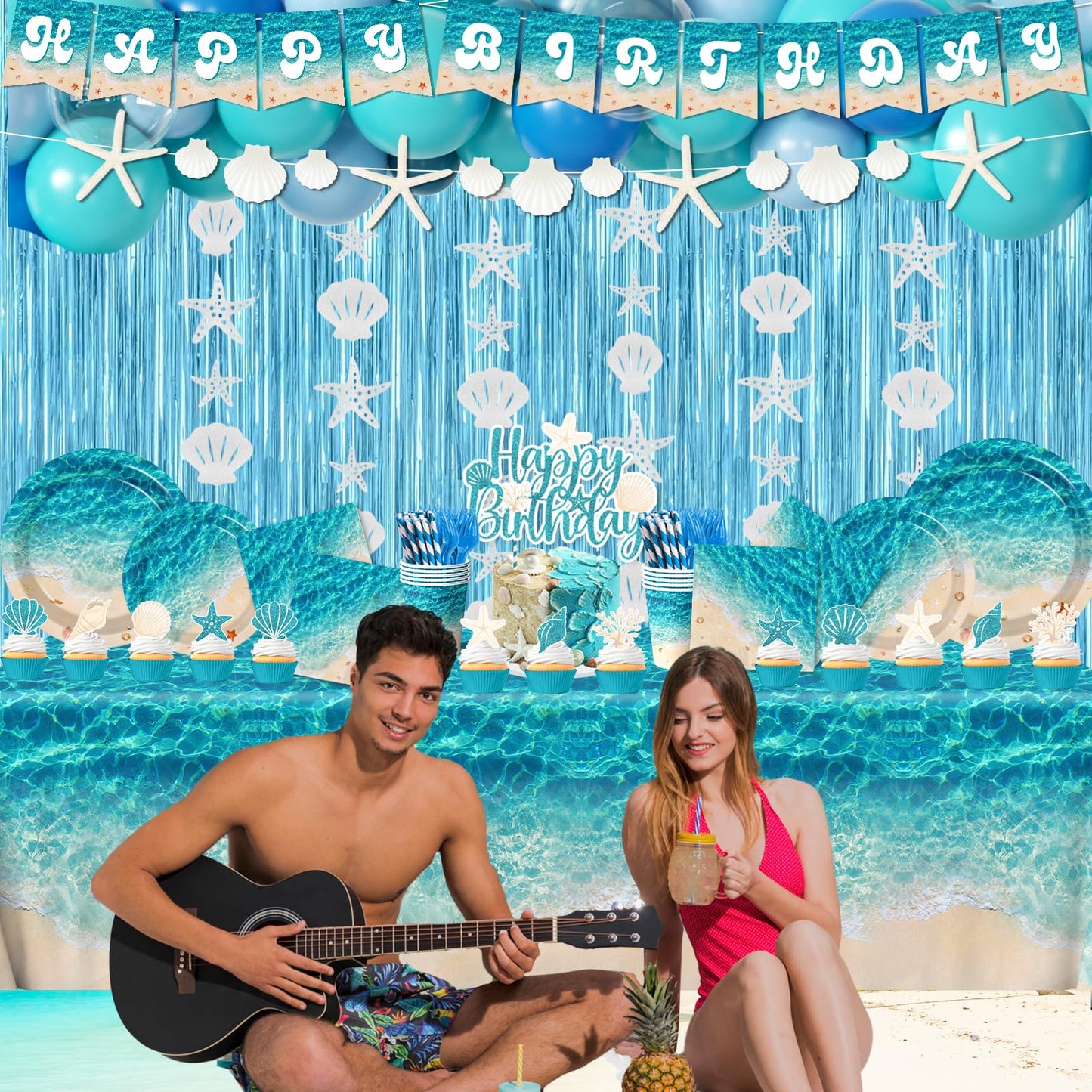 Beach Party Decorations, 273Pcs Ocean Waves Birthday Supplies Summer Pool Beach Birthday Party Decorations Tableware,Banner,Tablecloth,Starfish Bubble Garlands,Balloons,Cake Topper,Fringe Curtains