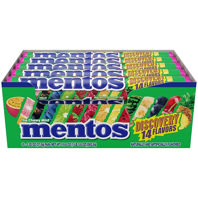 Mentos Chewy Mint Candy Roll, Discovery 14 Assorted Fruit Flavors, 14 Pieces Per Roll, 15 Count Showbox