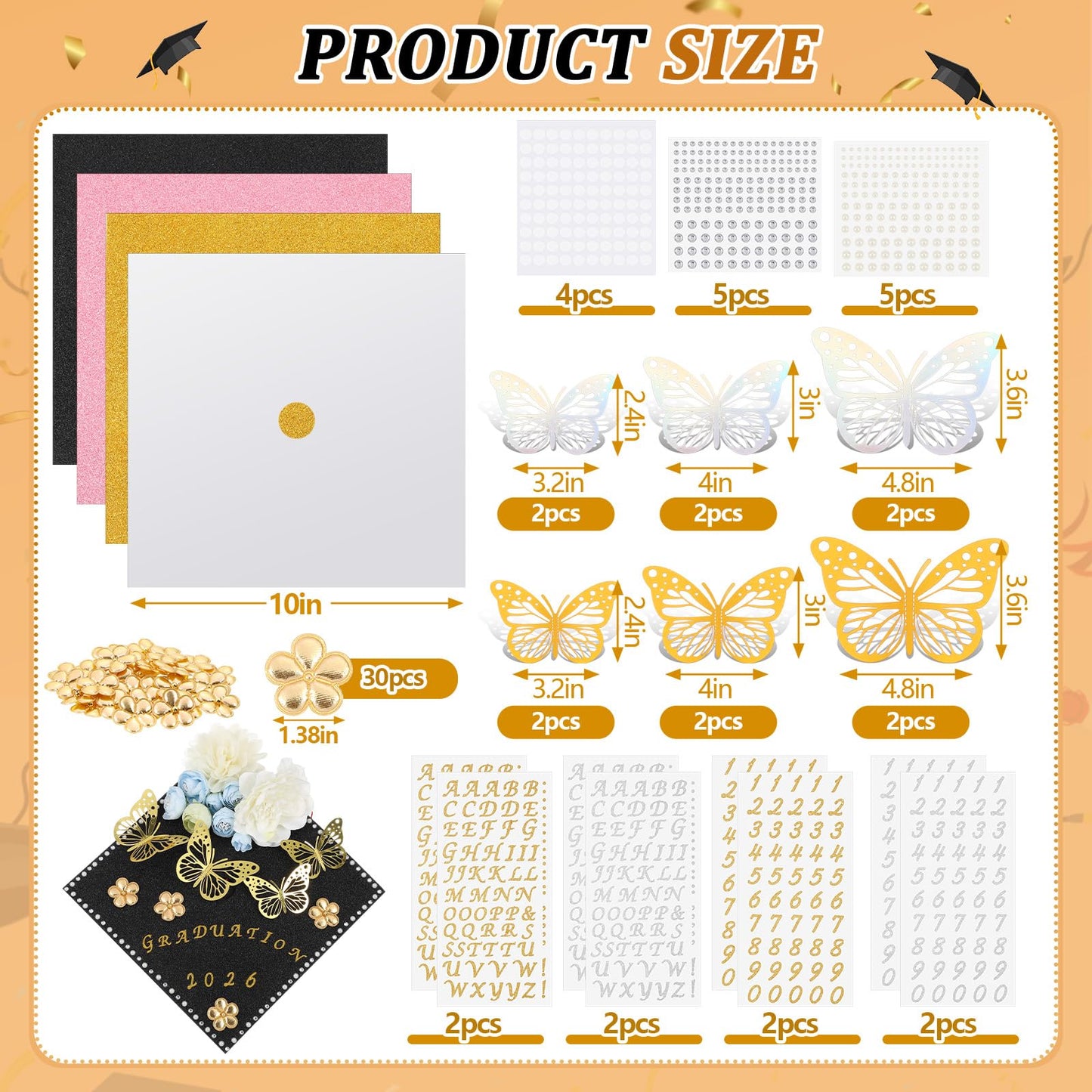 Colarr 68 Pcs Graduation Cap Decorations Kit 2026 Glitter Construction Paper Gold Artificial Flower 3D Butterfly Stickers Glitter Rhinestones Alphabet Letter Number Stickers for DIY Grad Cap Topper
