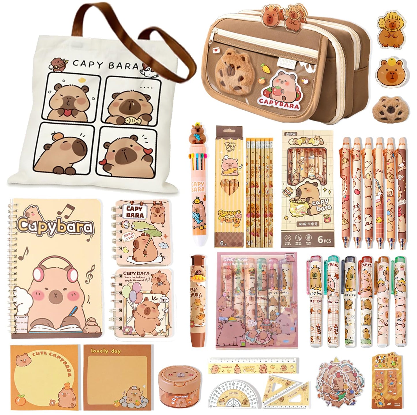 DHUENIOPE Capybara Gifts with Capybara Themed Tote Bag and Stationery Set Pencil Case Sticky Notes Ballpoint Pens Spiral Notebooks Sharpener, Highlighters, Ruler, Eraser for Rewards Birthdays Gift