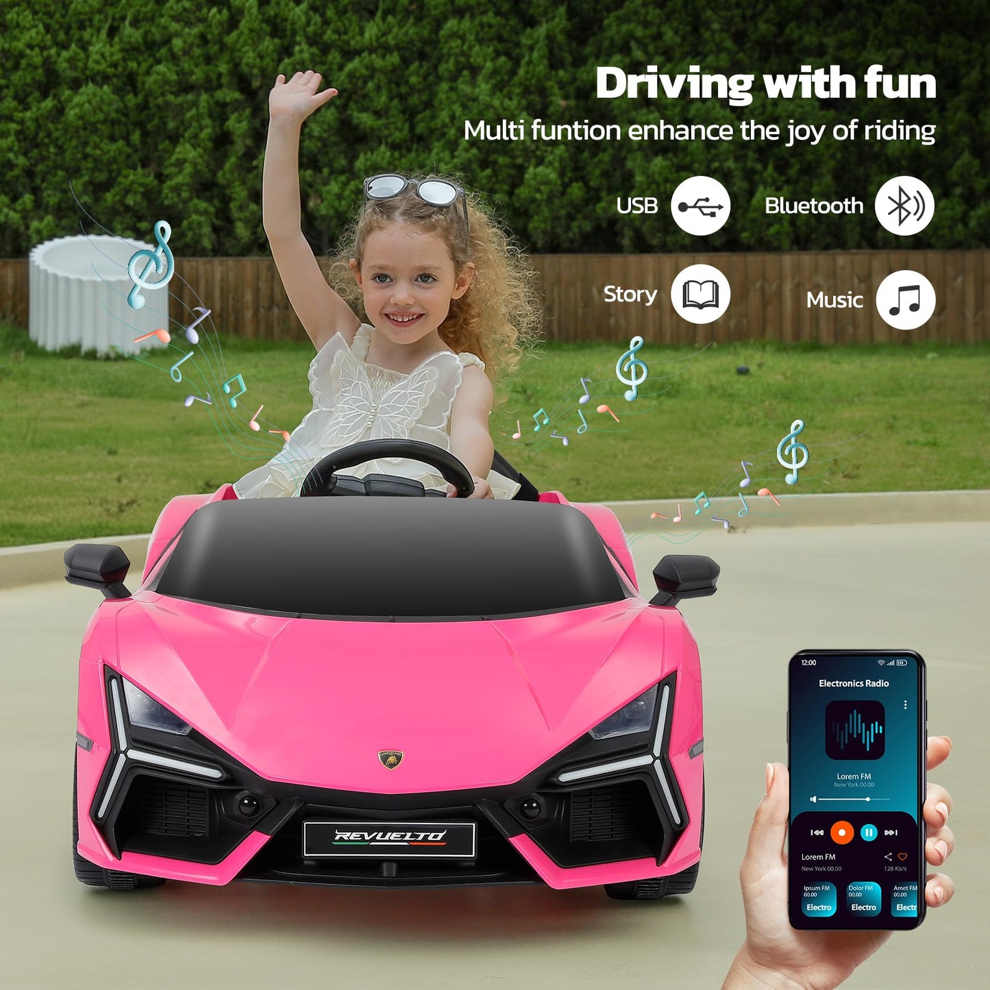 ELEMARA Licensed Lamborghini Ride On Car with Scissor Door,Electric car for Kids with Remote Control,12V Kids Car with Bluetooth,LED Light,MP3 Player and Wide Seat(Pink)