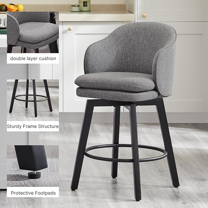 Counter Height Barstools 26 inch Upholstered Swivel Bar Stools with Back and Wood Legs for Kitchen Island,Set of 1,Dark Grey Fabric