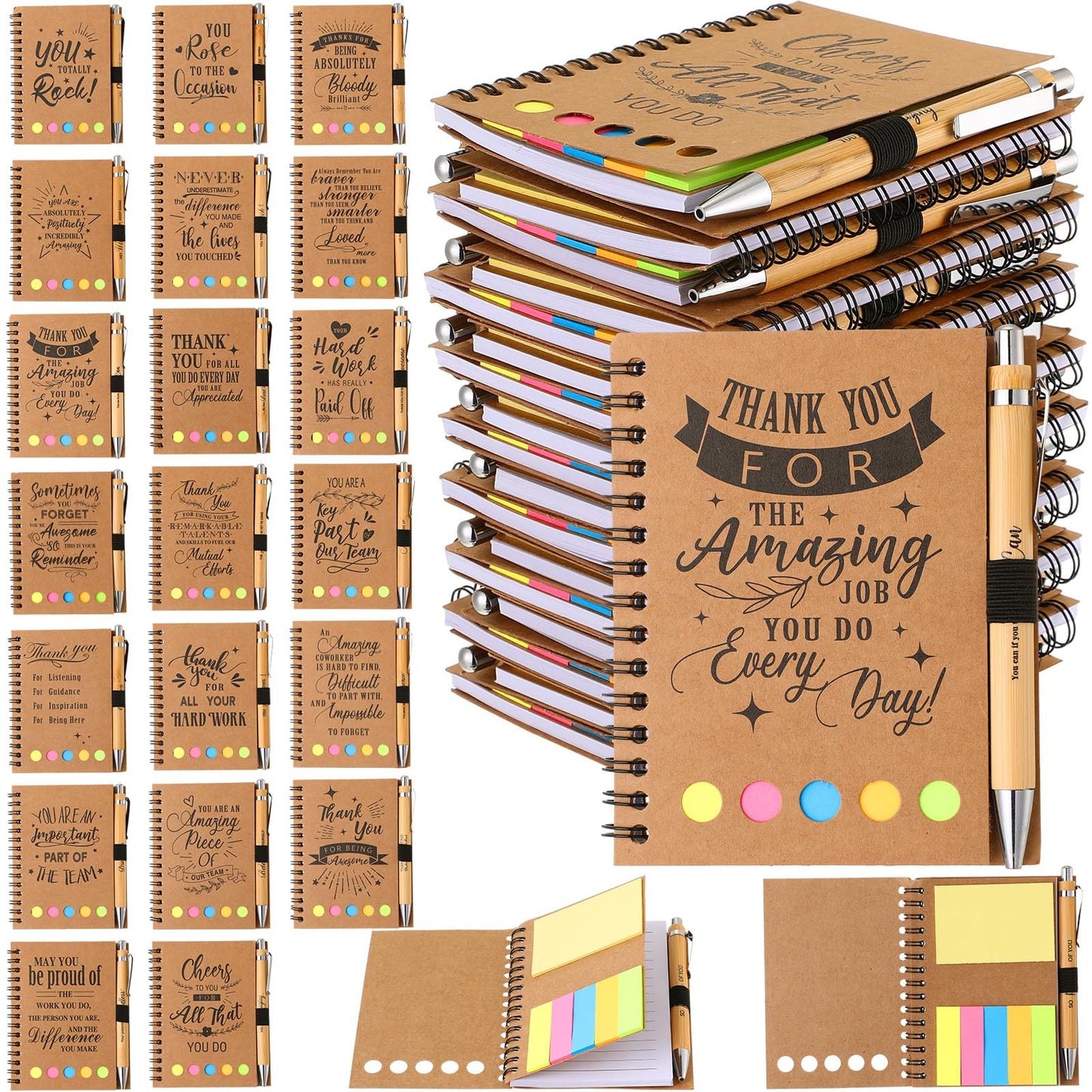 Skyygemm 20 Sets Employee Appreciation Gifts Spiral Notebook Journal with Sticky Notepad Index Tabs Thank You Gifts Notepad with Bamboo Pen Bulk for Teacher Cna Nurse Coworker(Motivational)