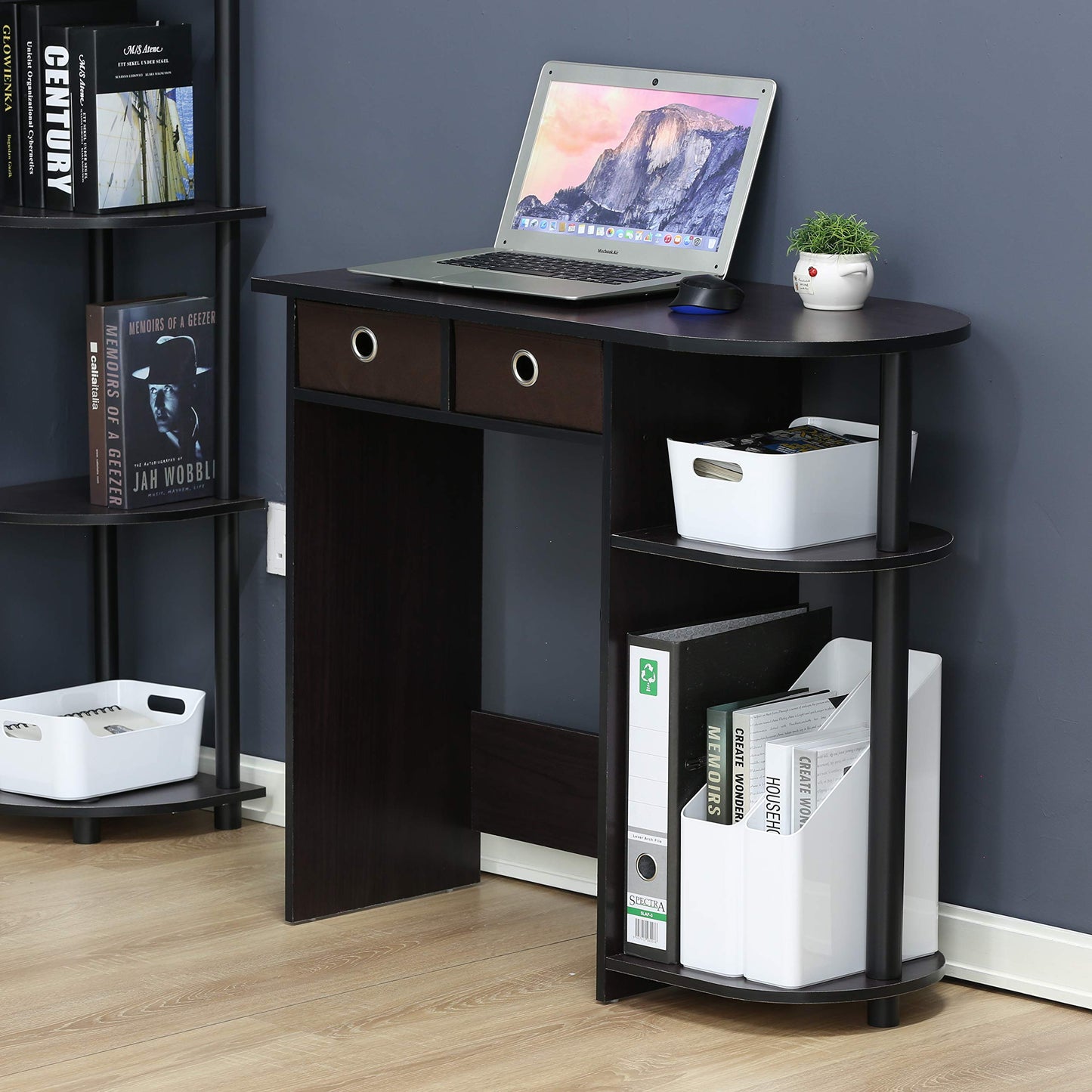 Furinno GO GREEN Desk, 31.5" Wide Gaming Desk with 2 Side Shelves and Storage Bins, Computer Desk, Office Desk for Home Office, Study Room, Dorm, Bedroom, Dark Walnut