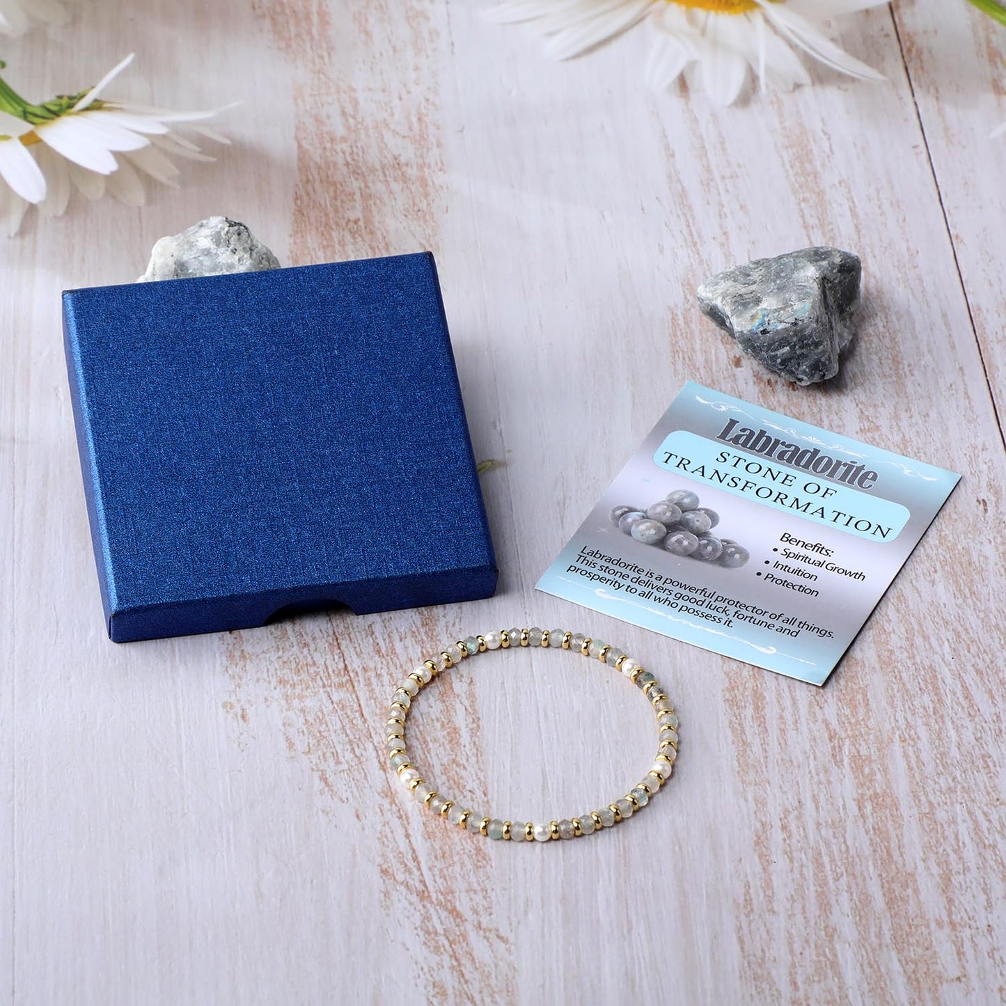 QOGIR Labradorite - Transformation - 14K Gold Plated Beads Natural Gemstone Stretch Elastic Dainty Healing Beaded Bracelets Gifts 2x4mm