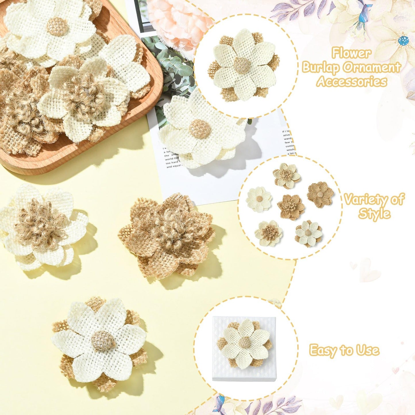 LiQunSweet 24 Pcs 6 Styles Handmade Natural Burlap 3D Fabric Flowers Burlap Rustic Ornament Accessories for Hat DIY Handmade Crafts Home Embellishment Wedding Party Decoration