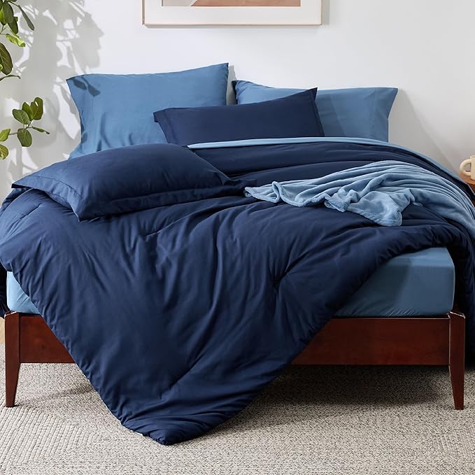 Bedsure King Comforter Set Navy Blue, 8 Pieces Prewashed King Size Bed in a Bag with Soft Fleece Bed Blanket, Down Alternative Bedding Set for All Seasons, Sheets, Pillowcases & Shams