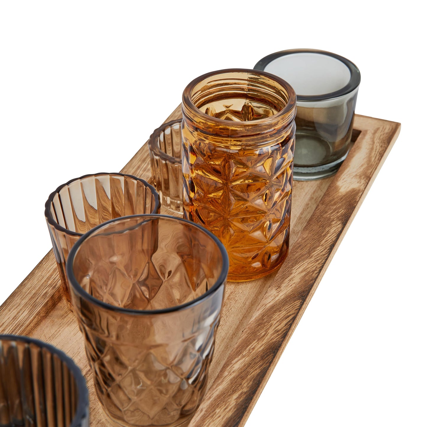 Wood Tray with 9 Brown Glass Votive Holders (Set of 10 Pieces)