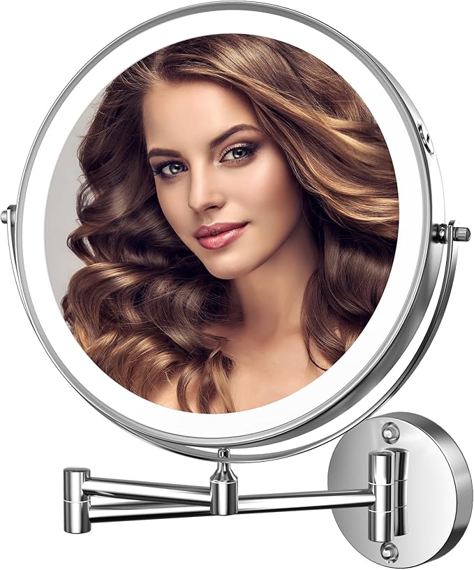 Hasipu 10-Inch Wall Mounted Makeup Mirror with Magnification, Rechargeable 3000 mAh Vanity Mirror with Lights, Bathroom Mirror with Dimmable Brightness, 3 Lighting Modes, Extendable Arm, Chrome