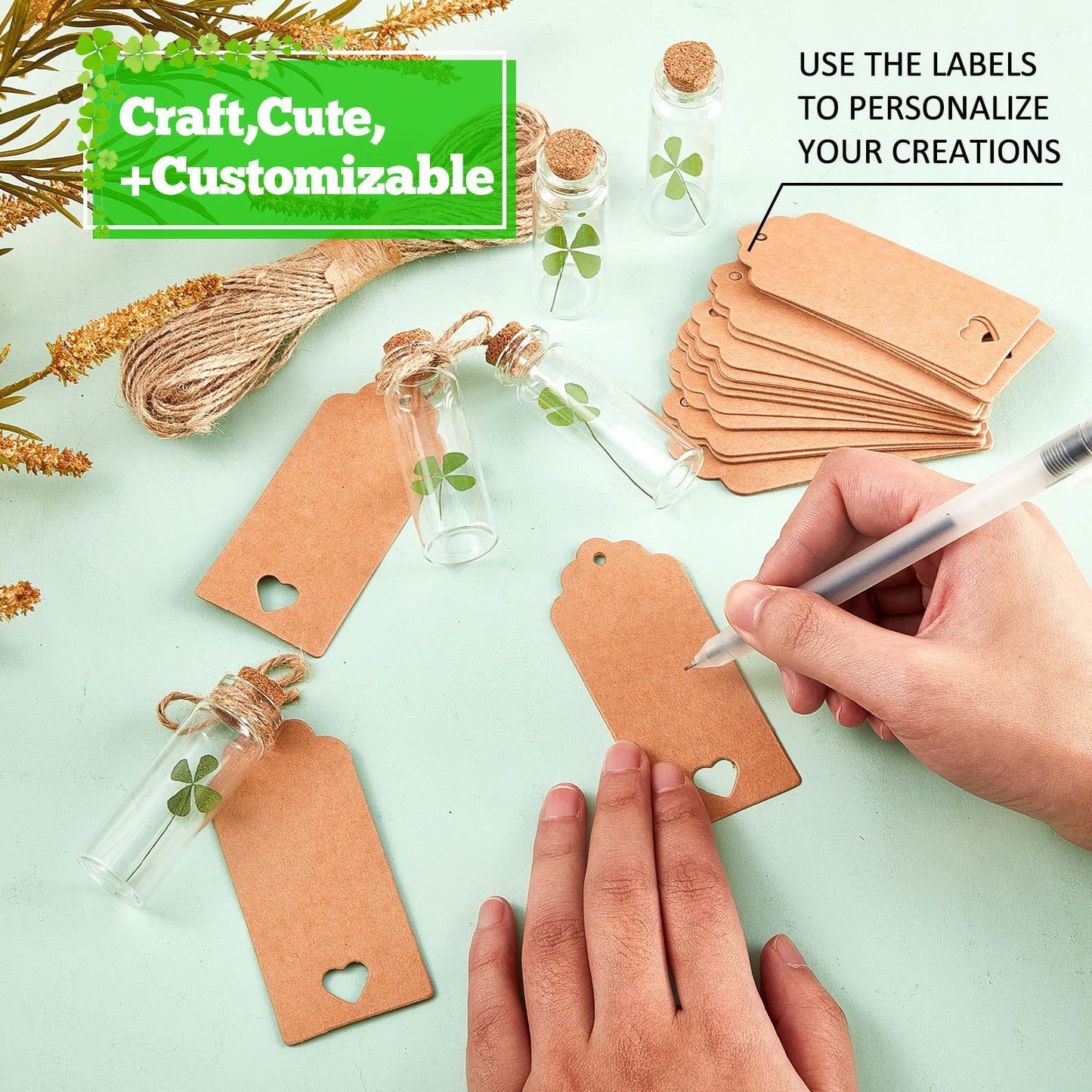 Cinnvoice 50 Sets St. Patrick's Day Cork Stoppers Glass Bottles Dried Pressed Four Leaf Clover Tiny Wishing Bottle Real Natural Four Leaf Clovers Mini Vials with Labels Ropes for DIY Crafts Wedding