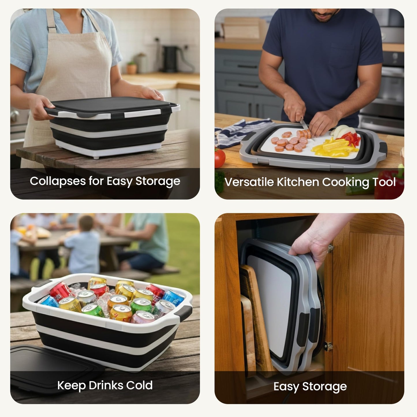 Havenity BBQ Prep Tub 2 Pack (8L+8L) - Multifunctional Collapsible Camping Cutting Board with Upgraded Locking lid, Meal Prep Meat Storage Container Perfect for Grilling, Outdoor Cooking (Large x 2)
