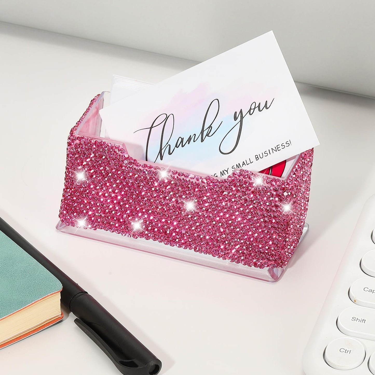 PATIKIL Rhinestone Business Card Holder, 2Pcs Crystal Business Card Holders Bling Business Card Organizer Display Stand for Desktop Desk Office Exhibition, Pink