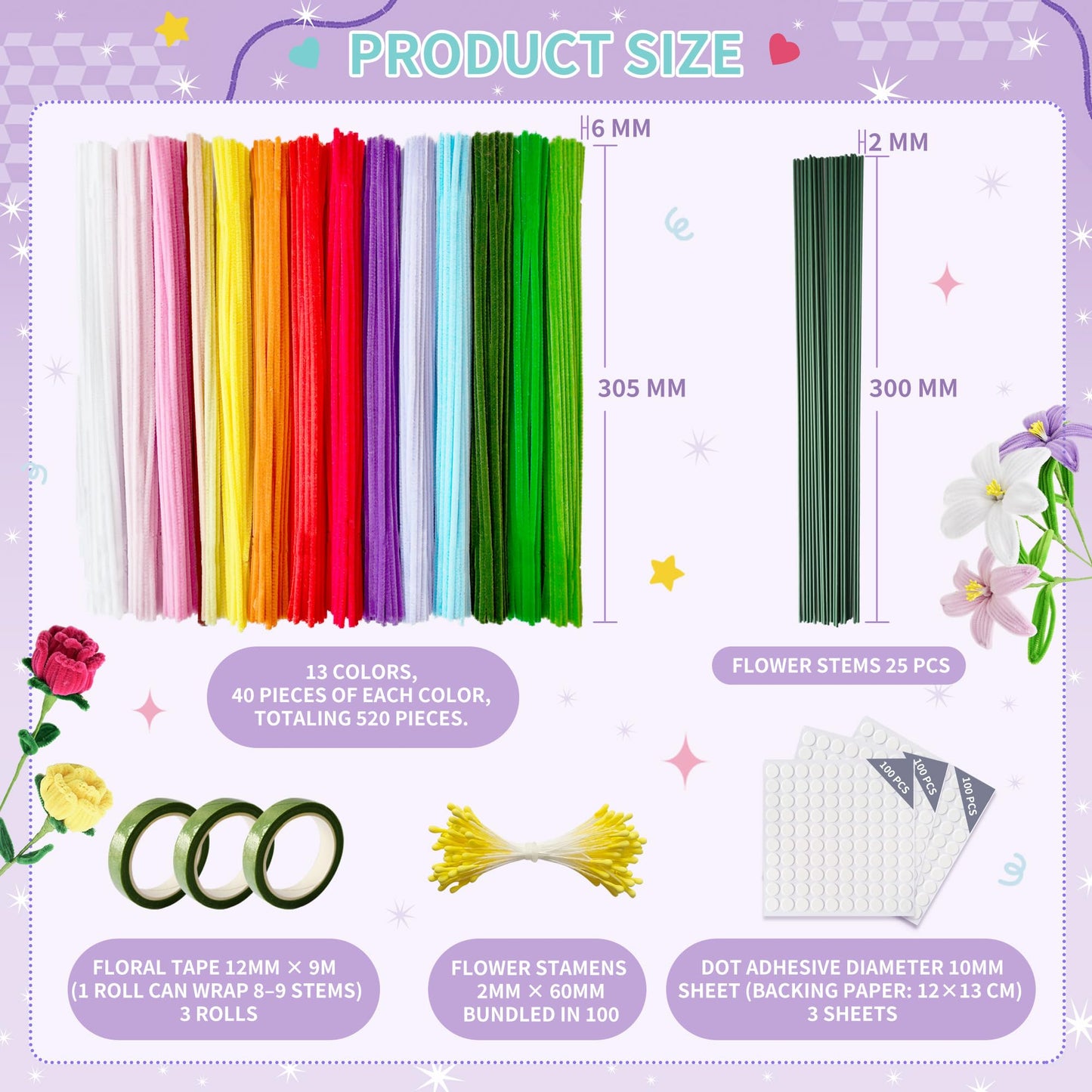 POMBUDS 572 PCS Pipe Cleaners Flower Kit, 13 Colors Chenille Stems with Floral Wires, Stamen, Tapes, Dot Glue, Instruction & White Box – DIY Craft Set for Handmade Bouquets