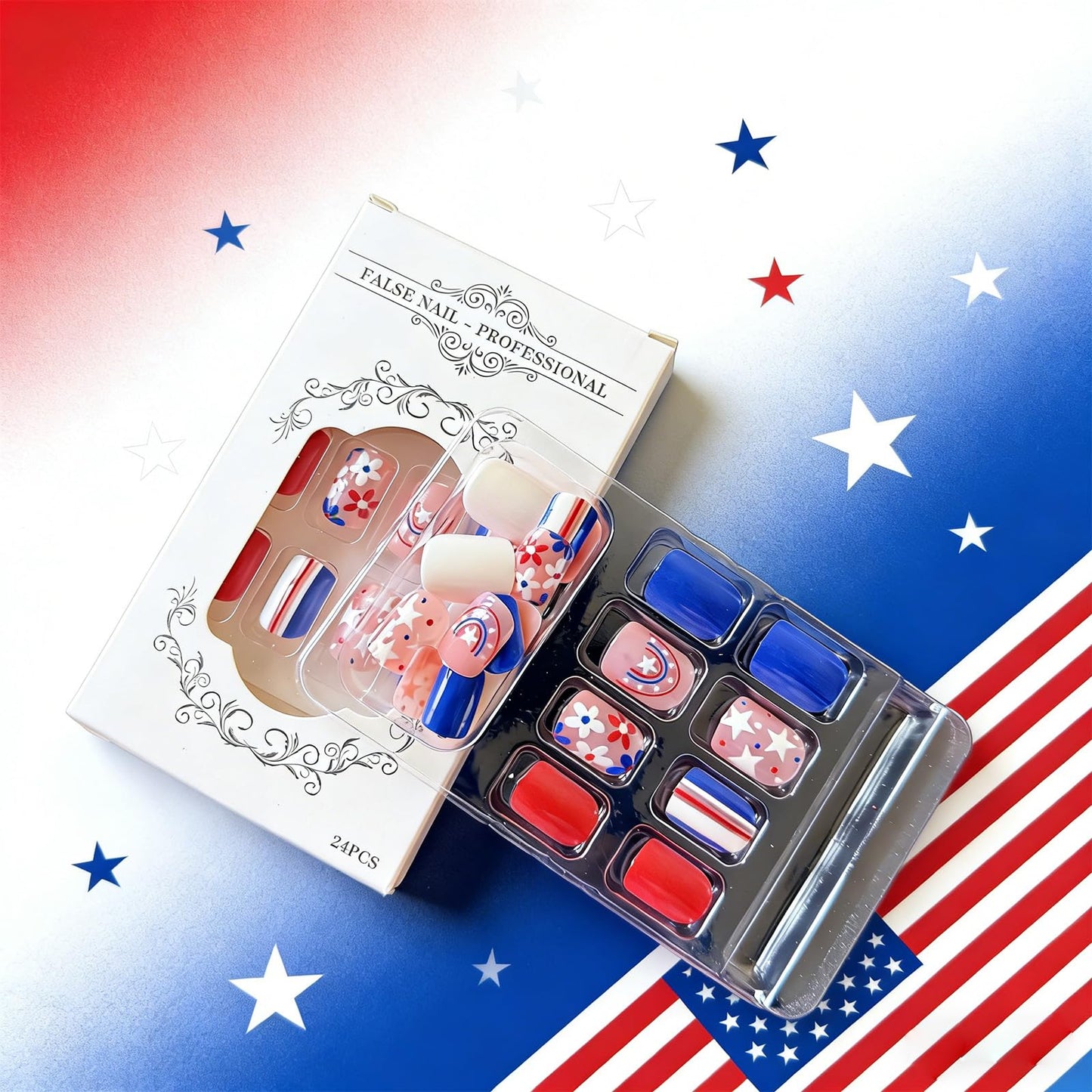 Independence Day Press on Nails Short Square Fake Nails with Star Flower Rainbow Design Red Blue White Glossy Patriotic False Nails Full Cover Stick on Nail for Women Manicure 24Pcs