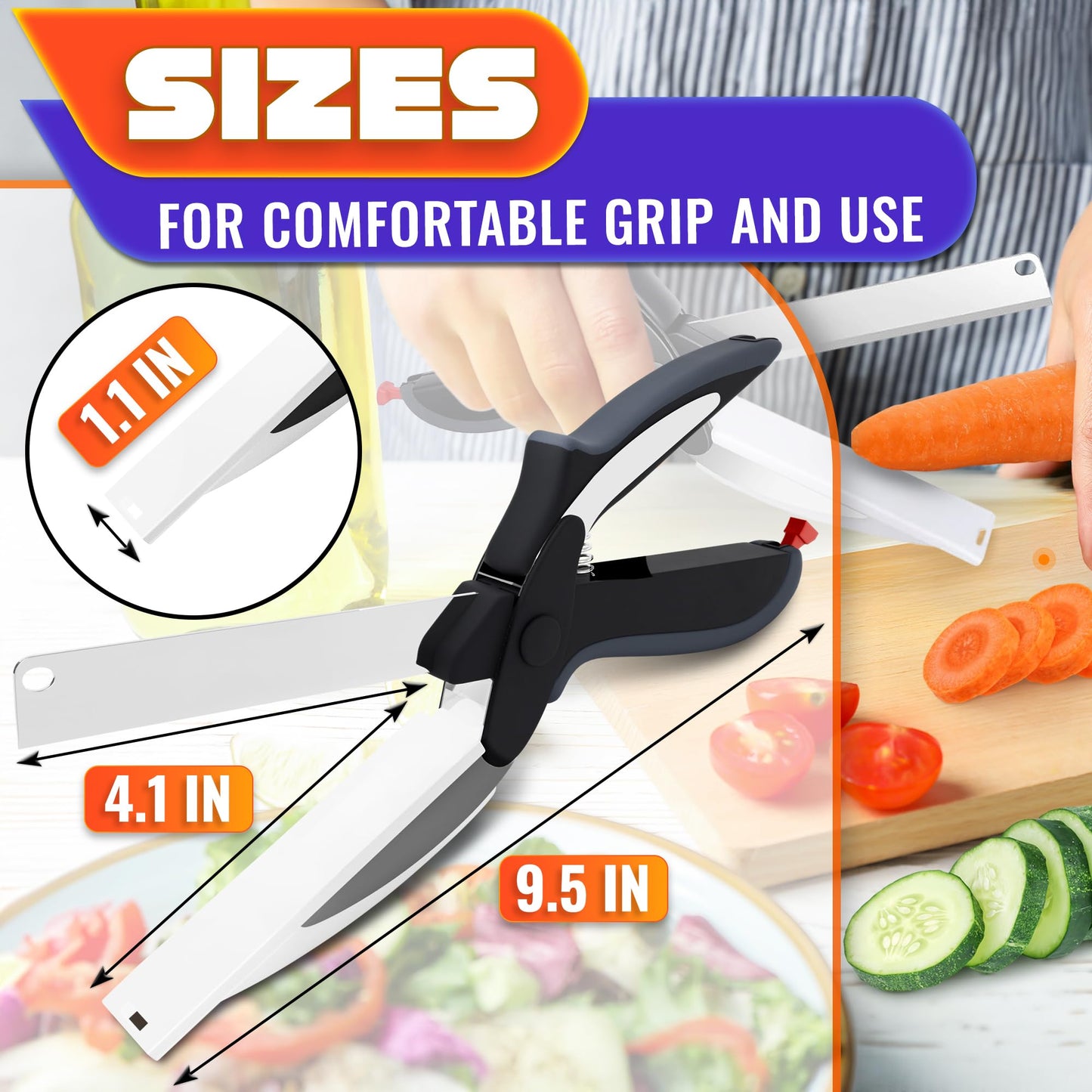 2 in 1 Kitchen Scissors for Food – Stainless Steel 9.5" Tomato Knife Chops Vegetables, Fruit, Cheese, Meat in Seconds | Dishwasher Safe Cutting Board Scissors with Safety Lock – Mess-Free Prep
