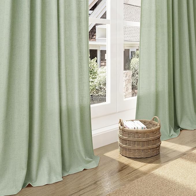 Nanspring Mist Sage Linen Curtains Semi Sheer 96 Inches Long 2 Panels Set for Living Room Back Tab Rod Pocket Light Filtering Drape for Bedroom Modern Farmhouse Coastal Decor Protect Privacy 52x96