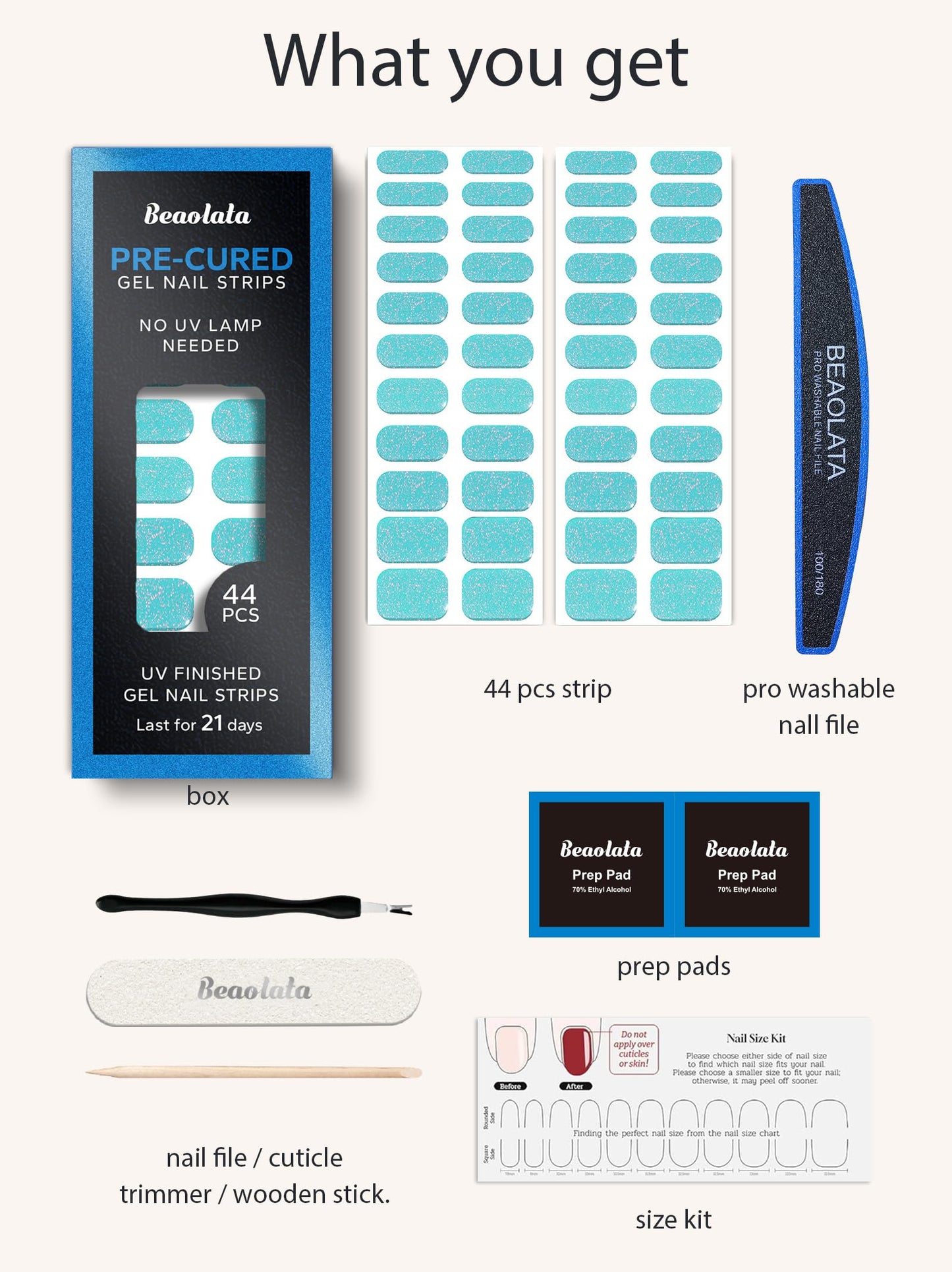 Beaolata Real Gel Nail Strips (No UV Light Needed) - 44Pcs Salon Quality Nail Stickers - Long Lasting Polish Wraps for Women, Easy Apply & Remove (Paraiba Tourmaline)