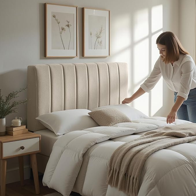 Hearth & Harbor Upholstered King Headboard - Easy Assemble Channel Stitched Headboard King Size Bed - Wall Mounted Headboards with 3D Soundproof Wall Panels Peel & Stick Floating Headboards, Beige
