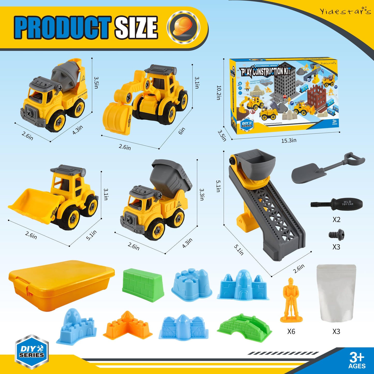 YIDESTARS Construction Sandbox with Lid - 4 Vehicles with 1 Conveyor, 8 Castle Molds, 6 Figures & 3lbs Moldable Sand - Preschool Sensory Bin for Fine Motor Skills, Ages 3-6